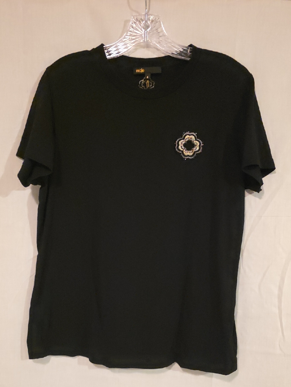 Maje Black Short-Sleeve Crewneck Tee with Embroidered Floral Crest
